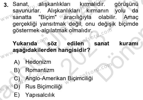 Sanatta Eleştirel Düşünce Dersi 2023 - 2024 Yılı (Final) Dönem Sonu Sınavı 3. Soru