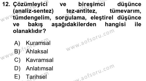 Sanatta Eleştirel Düşünce Dersi 2024 - 2025 Yılı (Vize) Ara Sınavı 12. Soru