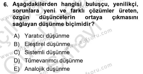 Görsel Tasarımda Yaratıcı Düşünme Teknikleri Dersi 2023 - 2024 Yılı (Final) Dönem Sonu Sınavı 6. Soru