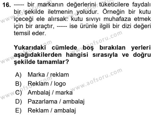 Ambalaj Tasarımı Dersi 2023 - 2024 Yılı (Final) Dönem Sonu Sınavı 16. Soru