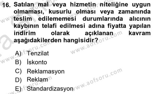 Gıda Mevzuatı ve Kalite Yönetimi Dersi 2023 - 2024 Yılı (Vize) Ara Sınavı 16. Soru