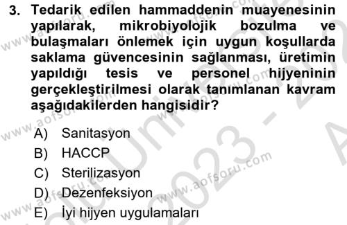 Gıda Mevzuatı ve Kalite Yönetimi Dersi 2023 - 2024 Yılı (Vize) Ara Sınavı 3. Soru