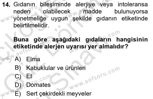 Gıda Mevzuatı ve Kalite Yönetimi Dersi 2023 - 2024 Yılı (Final) Dönem Sonu Sınavı 14. Soru