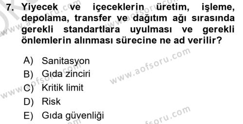 Gıda Mevzuatı ve Kalite Yönetimi Dersi 2023 - 2024 Yılı Yaz Okulu Sınavı 7. Soru