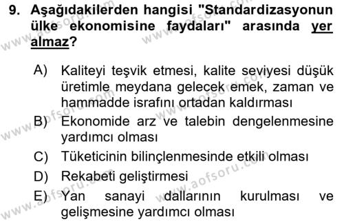 Gıda Mevzuatı ve Kalite Yönetimi Dersi 2023 - 2024 Yılı Yaz Okulu Sınavı 9. Soru