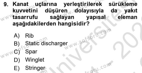 Uçak Bilgisi Ve Uçuş İlkeleri Dersi 2021 - 2022 Yılı Yaz Okulu Sınavı 9. Soru