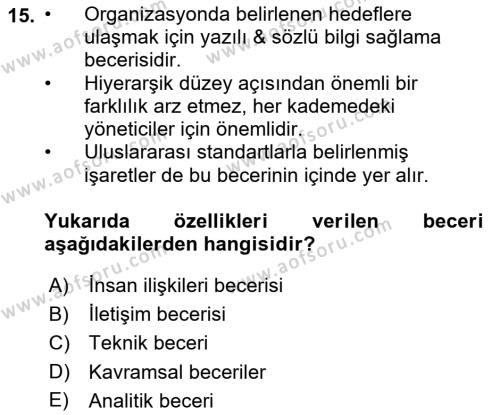 Yer Hizmetleri Yönetimi Dersi 2021 - 2022 Yılı (Vize) Ara Sınavı 15. Soru