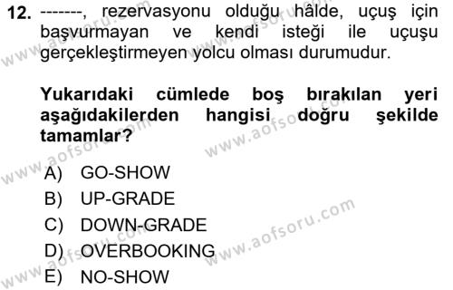 Yolcu Hizmetleri Dersi 2020 - 2021 Yılı Yaz Okulu Sınavı 12. Soru