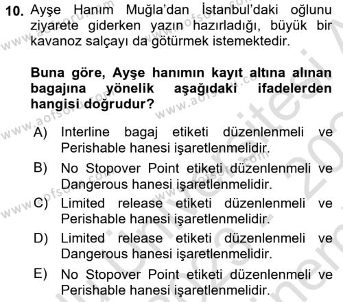 Yolcu Hizmetleri Dersi 2023 - 2024 Yılı (Final) Dönem Sonu Sınavı 10. Soru