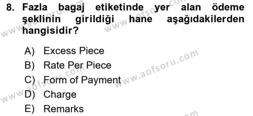 Yolcu Hizmetleri Dersi 2023 - 2024 Yılı (Final) Dönem Sonu Sınavı 8. Soru