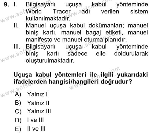 Yolcu Hizmetleri Dersi 2023 - 2024 Yılı (Final) Dönem Sonu Sınavı 9. Soru