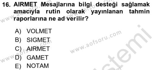 Meteoroloji Dersi 2021 - 2022 Yılı (Final) Dönem Sonu Sınavı 16. Soru