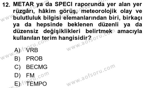 Meteoroloji Dersi 2022 - 2023 Yılı Yaz Okulu Sınavı 12. Soru