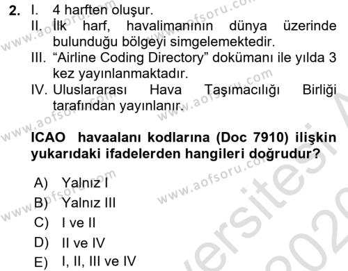 Havaalanı Sistemi Dersi 2019 - 2020 Yılı (Vize) Ara Sınavı 2. Soru