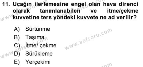 Genel Havacılık Dersi 2020 - 2021 Yılı Yaz Okulu Sınavı 11. Soru