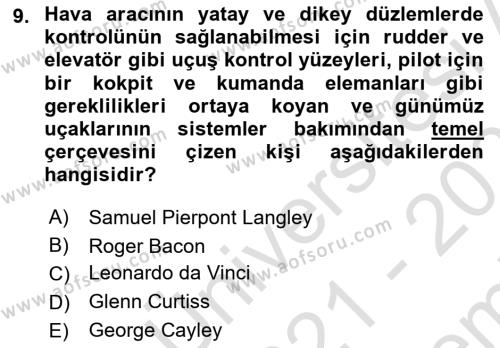 Genel Havacılık Dersi 2021 - 2022 Yılı (Final) Dönem Sonu Sınavı 9. Soru