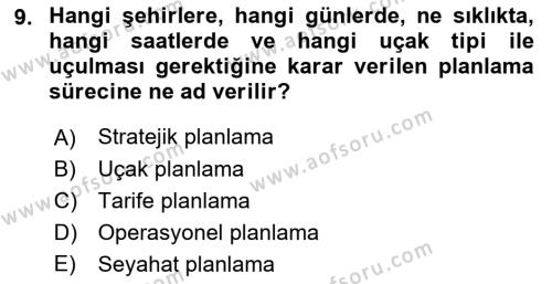 Havayolu İşletmelerinde Operasyonel Planlama Dersi 2021 - 2022 Yılı (Vize) Ara Sınavı 9. Soru