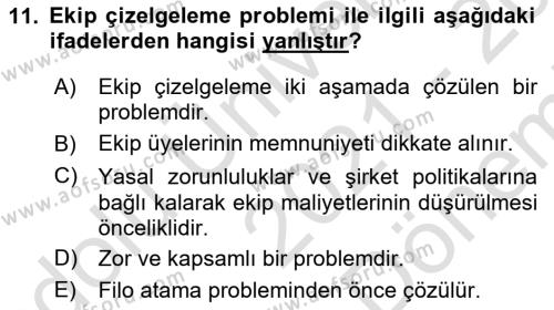 Havayolu İşletmelerinde Operasyonel Planlama Dersi 2021 - 2022 Yılı (Final) Dönem Sonu Sınavı 11. Soru