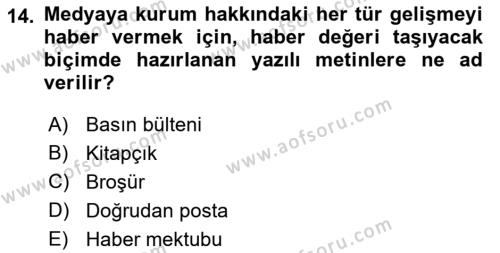 Halkla İlişkiler Dersi 2022 - 2023 Yılı Yaz Okulu Sınavı 14. Soru