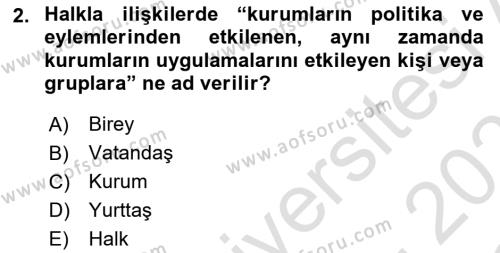 Halkla İlişkiler Dersi 2022 - 2023 Yılı Yaz Okulu Sınavı 2. Soru