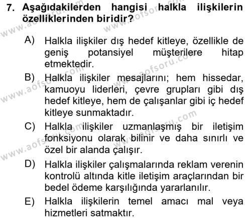 Halkla İlişkiler Dersi 2023 - 2024 Yılı (Vize) Ara Sınavı 7. Soru