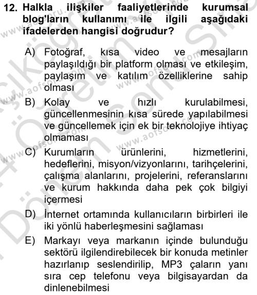 Halkla İlişkiler Dersi 2023 - 2024 Yılı (Final) Dönem Sonu Sınavı 12. Soru