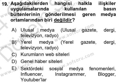 Halkla İlişkiler Dersi 2023 - 2024 Yılı (Final) Dönem Sonu Sınavı 19. Soru