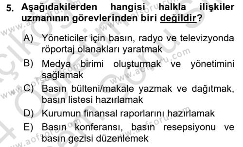 Halkla İlişkiler Dersi 2023 - 2024 Yılı (Final) Dönem Sonu Sınavı 5. Soru