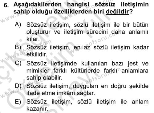 Halkla İlişkilerde Etkili İletişim Dersi 2022 - 2023 Yılı Yaz Okulu Sınavı 6. Soru