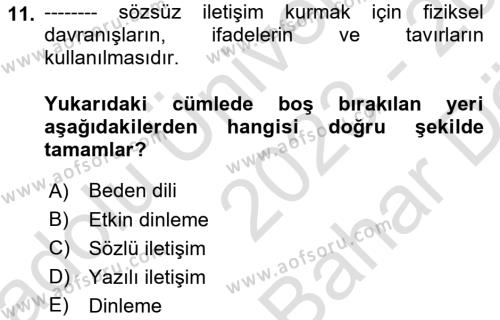 Halkla İlişkilerde Etkili İletişim Dersi 2023 - 2024 Yılı (Vize) Ara Sınavı 11. Soru