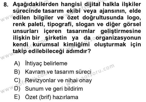 Halkla İlişkiler Uygulama Teknikleri Dersi 2023 - 2024 Yılı Yaz Okulu Sınavı 8. Soru