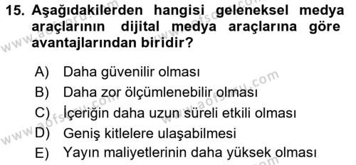 Halkla İlişkiler Uygulama Teknikleri Dersi 2024 - 2025 Yılı (Vize) Ara Sınavı 15. Soru