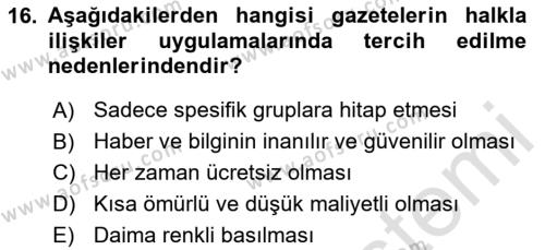 Halkla İlişkiler Uygulama Teknikleri Dersi 2024 - 2025 Yılı (Vize) Ara Sınavı 16. Soru