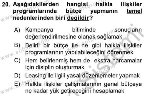 Halkla İlişkiler Yönetimi Dersi 2016 - 2017 Yılı 3 Ders Sınavı 20. Soru