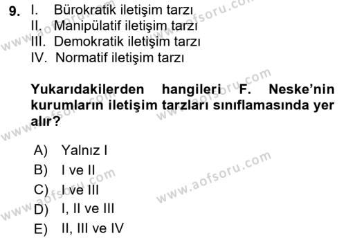 Halkla İlişkiler Yönetimi Dersi 2019 - 2020 Yılı (Vize) Ara Sınavı 9. Soru