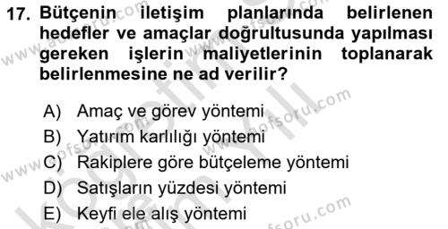 Halkla İlişkiler Yönetimi Dersi 2020 - 2021 Yılı Yaz Okulu Sınavı 17. Soru