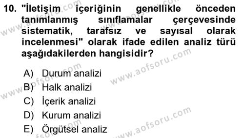 Halkla İlişkiler Yönetimi Dersi 2021 - 2022 Yılı (Final) Dönem Sonu Sınavı 10. Soru