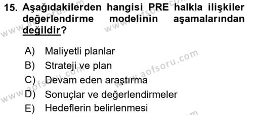 Halkla İlişkiler Yönetimi Dersi 2021 - 2022 Yılı (Final) Dönem Sonu Sınavı 15. Soru