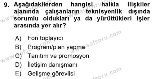 Halkla İlişkiler Yönetimi Dersi 2021 - 2022 Yılı Yaz Okulu Sınavı 9. Soru