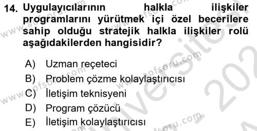 Halkla İlişkiler Yönetimi Dersi 2023 - 2024 Yılı (Vize) Ara Sınavı 14. Soru