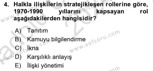 Halkla İlişkiler Yönetimi Dersi 2024 - 2025 Yılı (Vize) Ara Sınavı 4. Soru