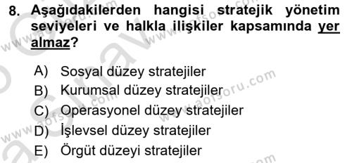 Halkla İlişkiler Yönetimi Dersi 2024 - 2025 Yılı (Vize) Ara Sınavı 8. Soru