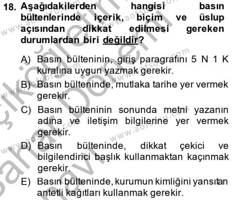 Halkla İlişkiler Yazarlığı Dersi 2013 - 2014 Yılı (Vize) Ara Sınavı 18. Soru