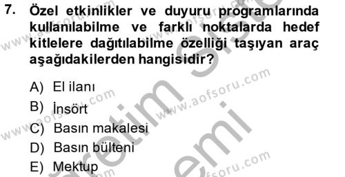 Halkla İlişkiler Yazarlığı Dersi 2013 - 2014 Yılı (Final) Dönem Sonu Sınavı 7. Soru