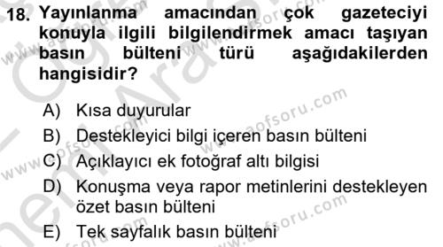 Halkla İlişkiler Yazarlığı Dersi 2021 - 2022 Yılı (Vize) Ara Sınavı 18. Soru