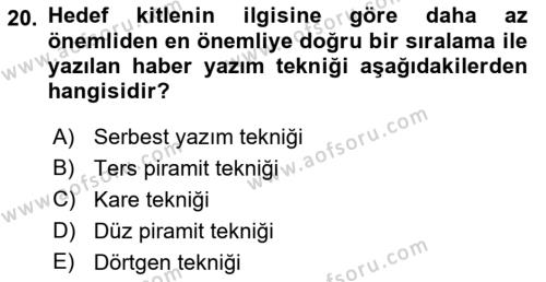 Halkla İlişkiler Yazarlığı Dersi 2021 - 2022 Yılı (Vize) Ara Sınavı 20. Soru