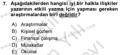 Halkla İlişkiler Yazarlığı Dersi 2021 - 2022 Yılı (Vize) Ara Sınavı 7. Soru