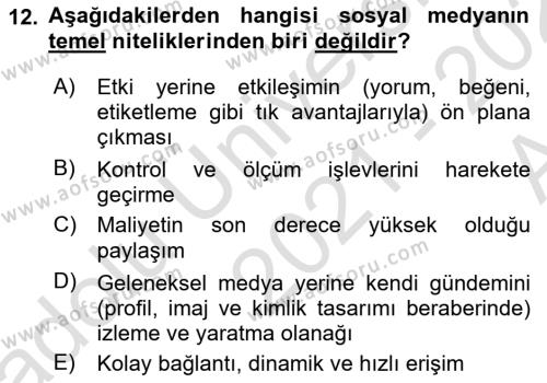 Halkla İlişkilerde Güncel Kavramlar 1 Dersi 2021 - 2022 Yılı (Vize) Ara Sınavı 12. Soru