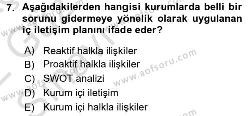 Halkla İlişkilerde Güncel Kavramlar 1 Dersi 2021 - 2022 Yılı (Vize) Ara Sınavı 7. Soru