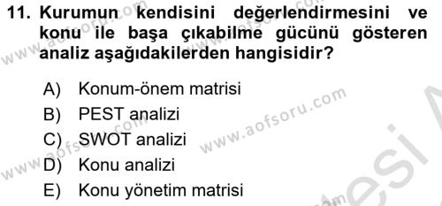 Halkla İlişkilerde Güncel Kavramlar 1 Dersi 2021 - 2022 Yılı (Final) Dönem Sonu Sınavı 11. Soru